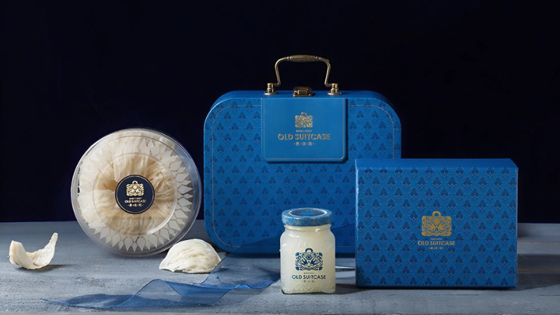 Thiết kế bao bì yến sào dạng vali bọc da màu xanh dương cổ điển