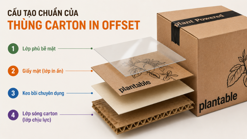 Cấu tạo ti&ecirc;u chuẩn khi sản xuất th&ugrave;ng carton bằng kỹ thuật in Offset