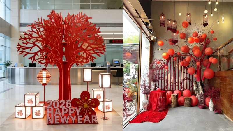 Decor ph&ograve;ng đ&oacute;n Tết phong c&aacute;ch tối giản, sang trọng cho kh&ocirc;ng gian