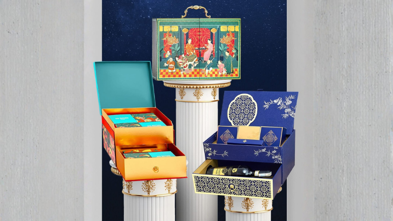 Kết cấu hộp nắp mở nhiều ngăn sang trọng cho set qu&agrave; Trung Thu cao cấp
