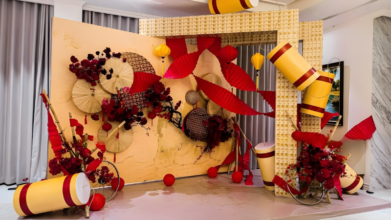 Mẹt tre decor văn ph&ograve;ng Tết, đậm chất d&acirc;n gian