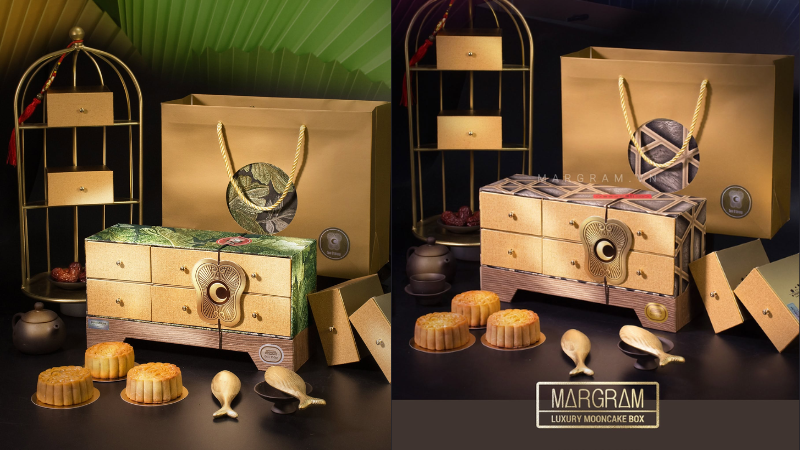 Mẫu hộp b&aacute;nh Trung Thu cao cấp chất liệu carton lạnh bồi giấy mỹ thuật &aacute;nh kim 