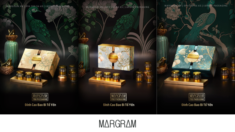 Mẫu hộp yến s&agrave;o đẹp với hoạ tiết dập nổi mạ v&agrave;ng ho&agrave;ng gia của Margram