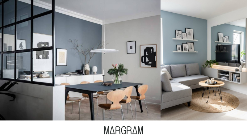 Phong c&aacute;ch tối giản v&agrave; thẩm mỹ của nội thất với tone m&agrave;u xanh x&aacute;m