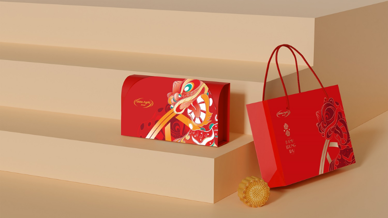 Set hộp b&aacute;nh Trung Thu doanh nghiệp 2 b&aacute;nh Hữu Nghị k&egrave;m t&uacute;i giấy đồng bộ