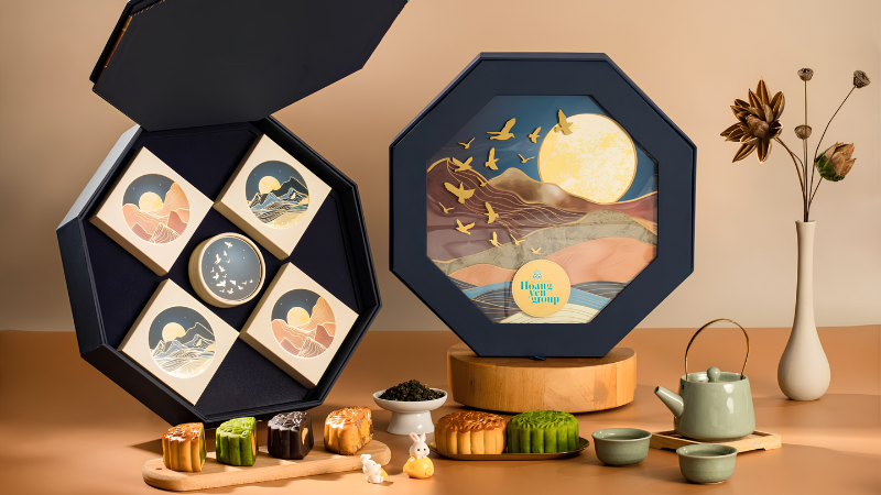 Thiết kế khay chia ngăn tinh tế cho set hộp b&aacute;nh Trung Thu kết hợp tr&agrave; 