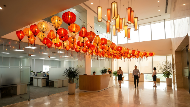 Trang tr&iacute; Tết c&ocirc;ng ty với lồng đ&egrave;n, tạo m&aacute;i v&ograve;m huyền ảo