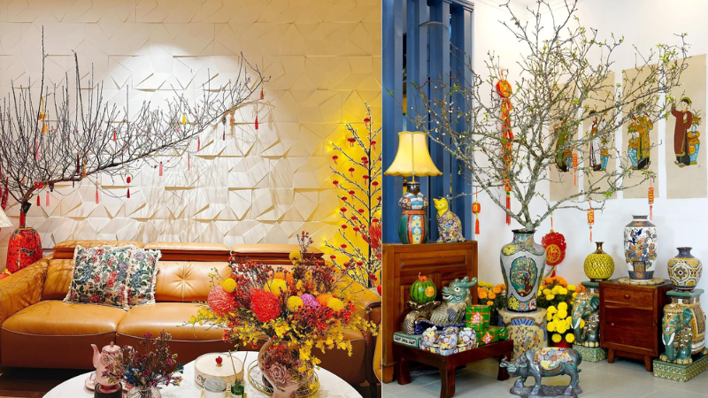 Trang tr&iacute; Tết ph&ograve;ng kh&aacute;ch rực rỡ với c&agrave;nh đ&agrave;o v&agrave; mai v&agrave;ng