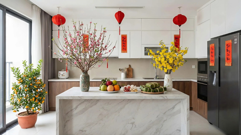 Trang tr&iacute; kh&ocirc;ng gian bếp ấm c&uacute;ng, gọn g&agrave;ng để đ&oacute;n Tết