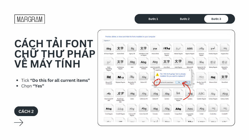 Trường hợp font chữ đ&atilde; tồn tại: Tick + chọn Yes để ghi đ&egrave; font